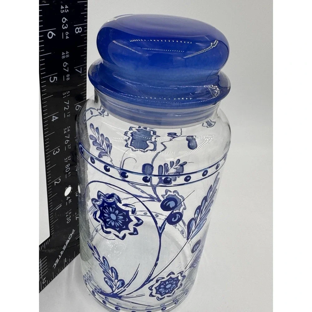 Anchor Hocking Glass Pietro Gobeo Set Of 3 Blue Kitchen Canister Flower 1970s